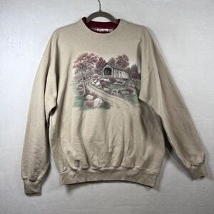 Vintage Morning Sun Covered Bridge‎ Graphic Sweatshirt Tan Large Cottagecore